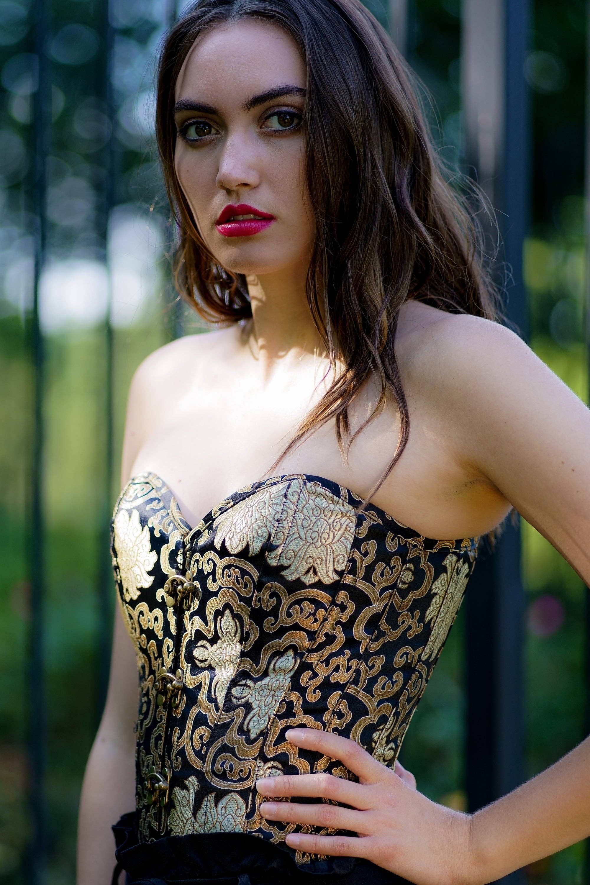 Corset Story - Black With Gold Brocade Pattern Longline Overbust With Hooks: US18