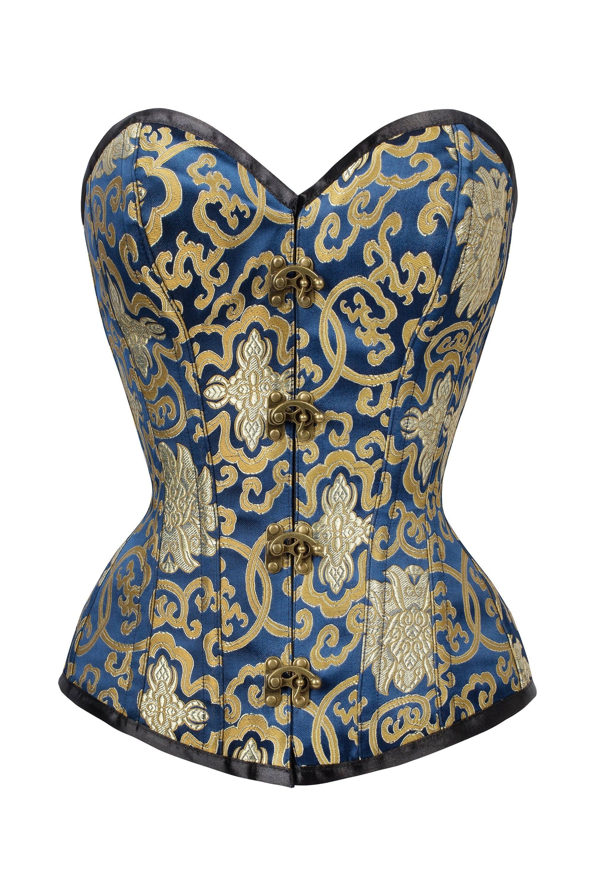Corset Story - Blue With Gold Brocade Pattern Overbust With Hooks: US18