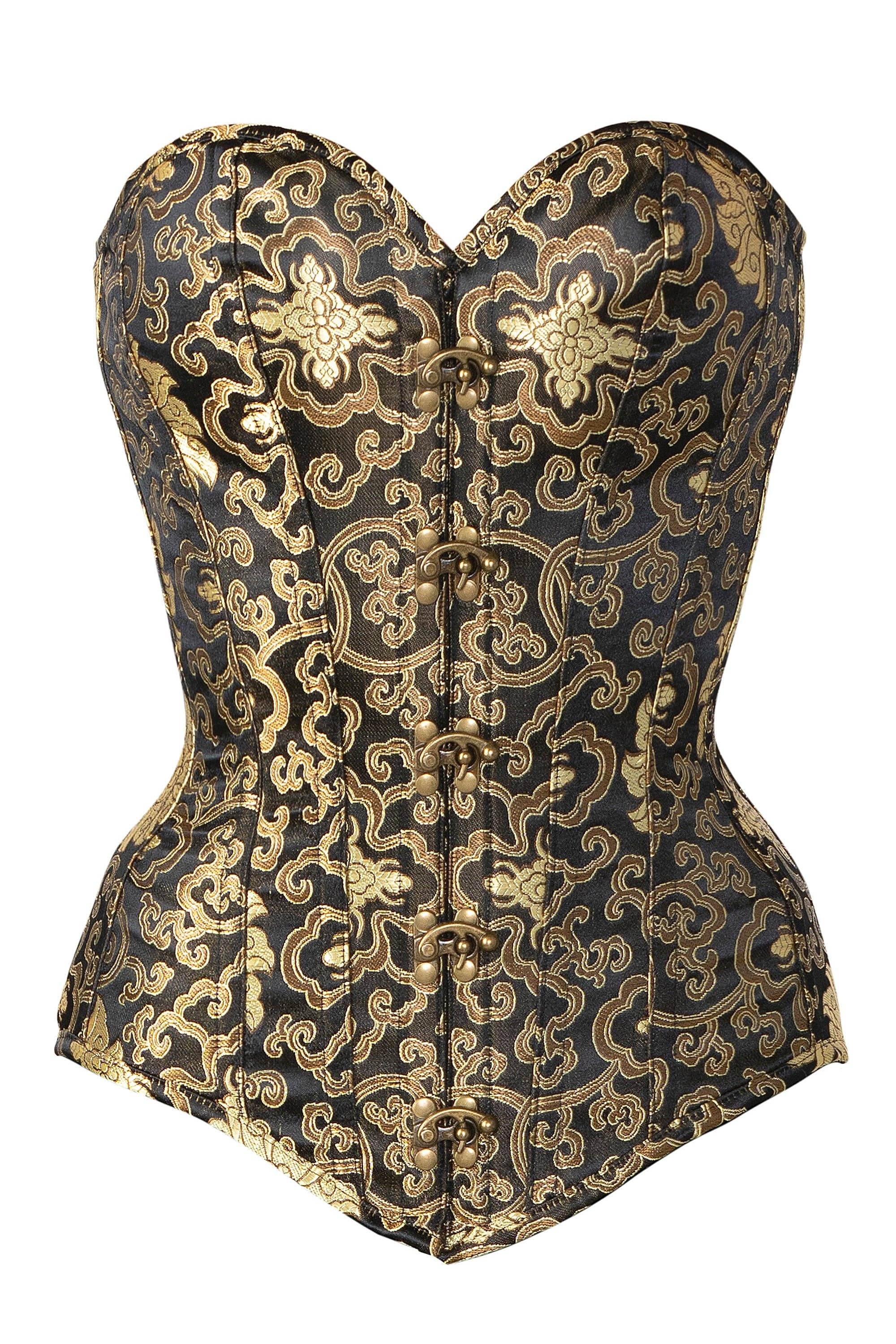 Corset Story - Black With Gold Brocade Pattern Longline Overbust With Hooks: US18
