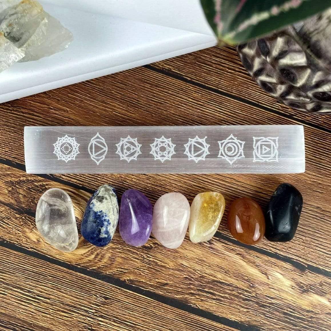 Selenite Charging Plate Engraved with 7 Chakra Symbols -  8" Stick