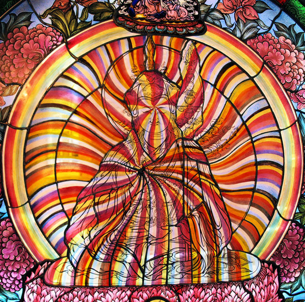 Custom Stained Glass Thangka: Himalayan Art: Peaceful Single Diety 24" Diameter circle / 24" wide Square $1,800.00 USD