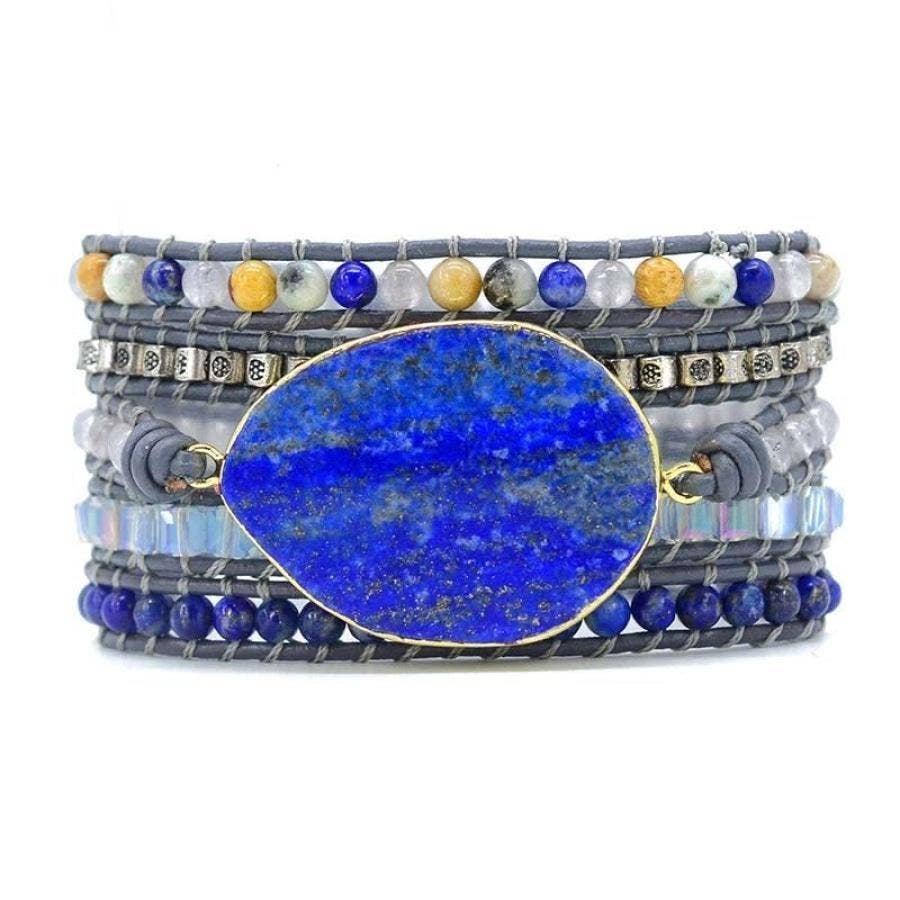 Lapis Lazuli Stone Leather Wrap Bracelet by Free Spirit