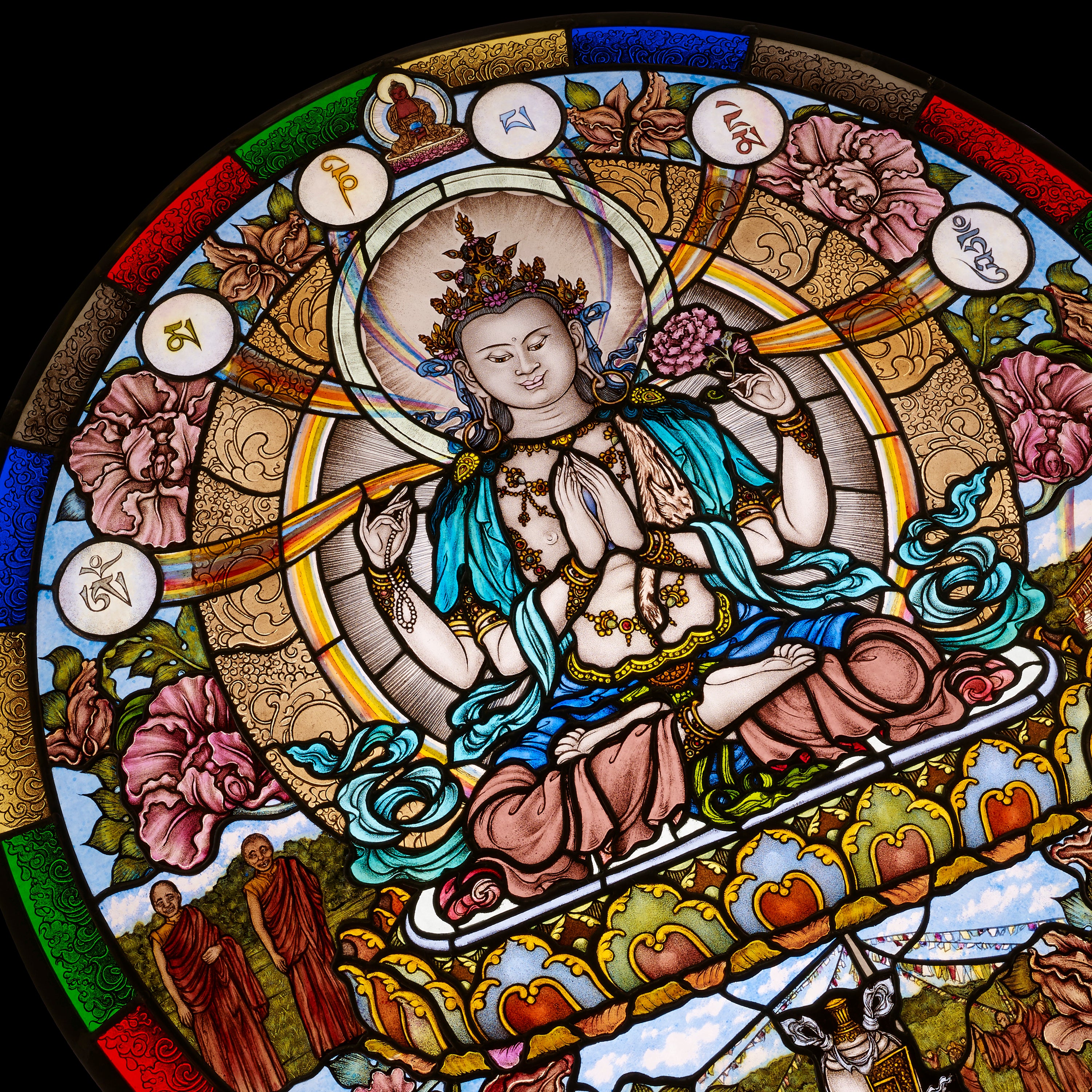 Custom Stained Glass Thangka: Himalayan Art: Peaceful Single Diety 32" Diameter Circle/Square$3,200 USD