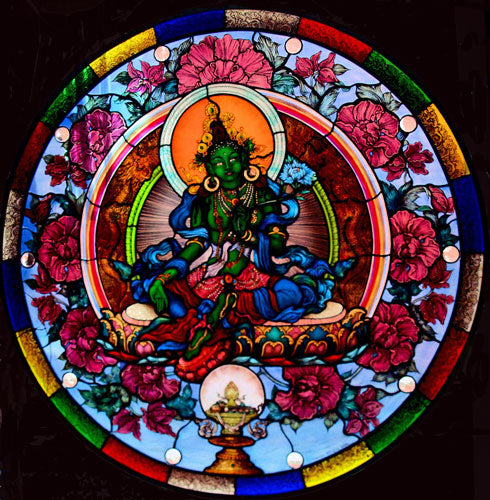 Custom Stained Glass Thangka: Himalayan Art: Peaceful Single Diety 36" Diameter $3,500.00 USD