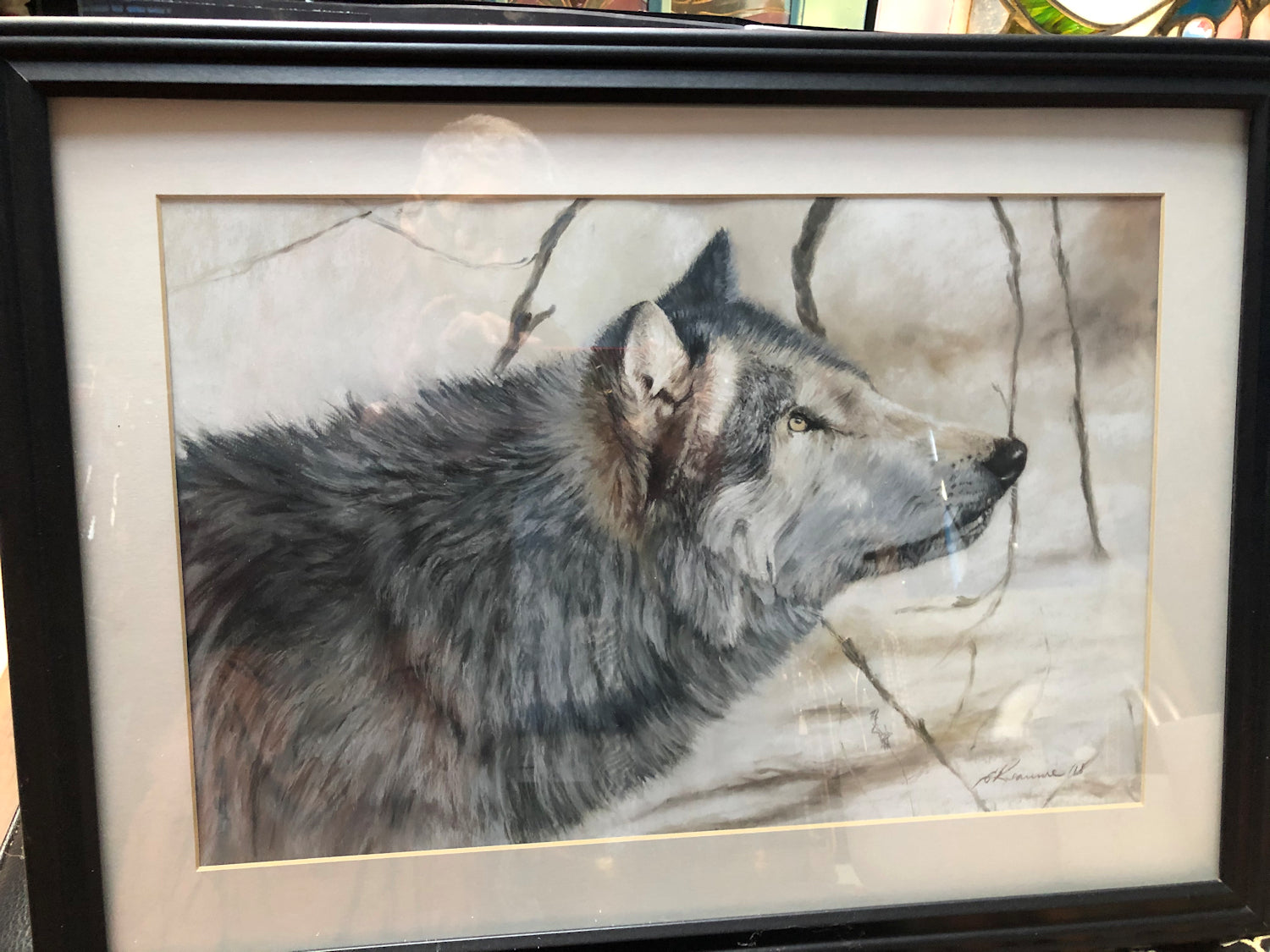 Original Signed Pastel: The Wolf Gazing at the Moon: by Elaine Reaume