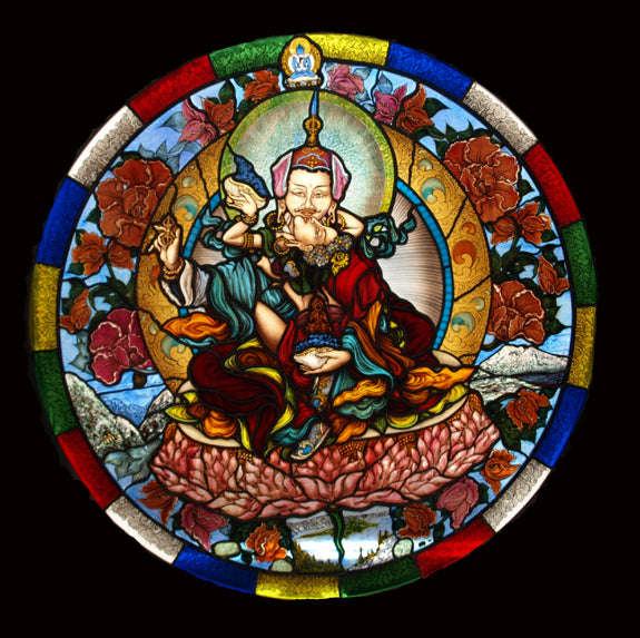 Custom Stained Glass Thangka: Himalayan Art: Peaceful YabYum 36" diameter: $ 4,050 USD