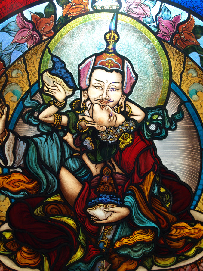 Custom Stained Glass Thangka: Himalayan Art: Peaceful YabYum 24" diameter: $ 2,000 USD