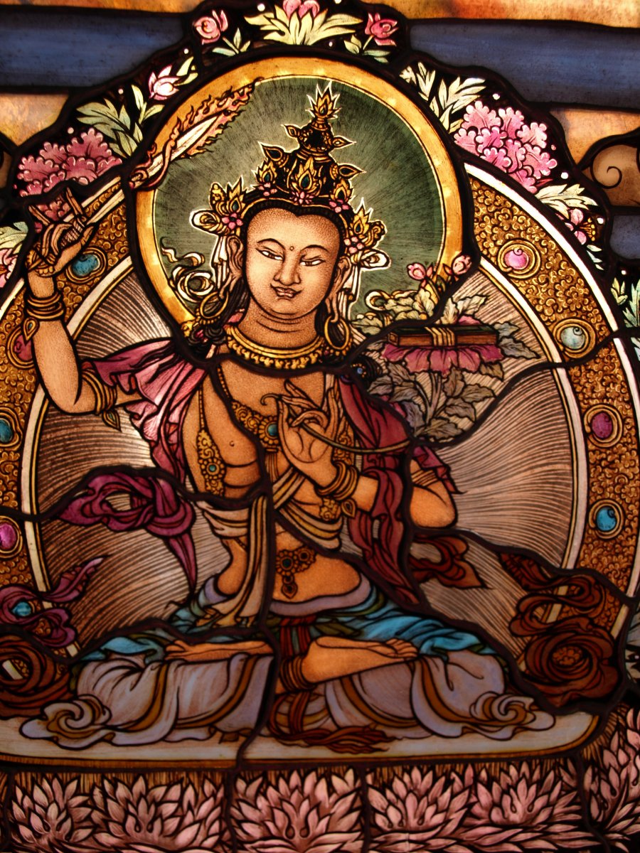 Custom Stained Glass Thangka: Himalayan Art: Peaceful Single Diety 36" Diameter $3,500.00 USD