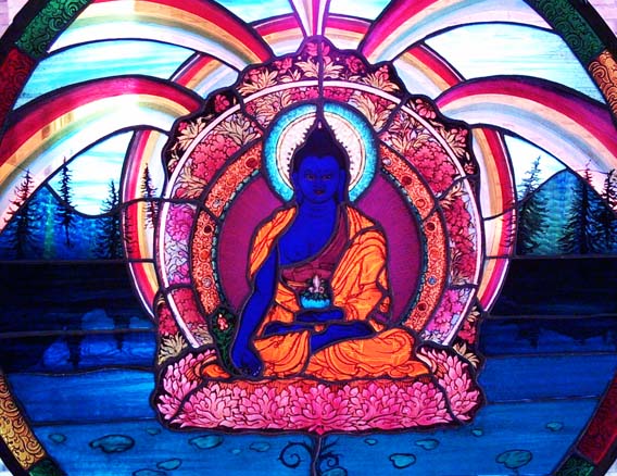 Custom Stained Glass Thangka: Himalayan Art: Peaceful Single Diety 24" Diameter circle / 24" wide Square $1,800.00 USD