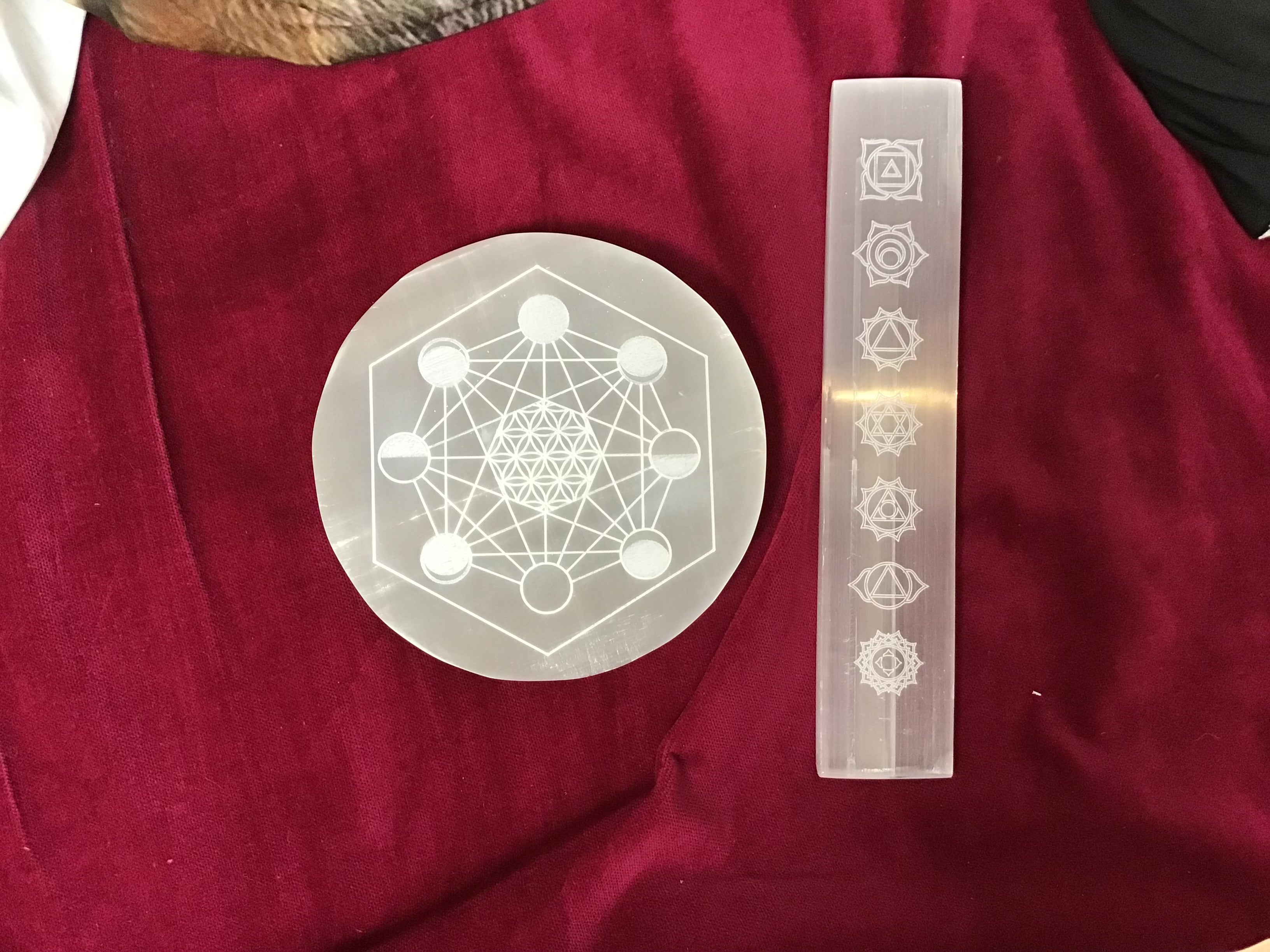 Selenite Charging Plate Engraved with 7 Chakra Symbols -  8" Stick