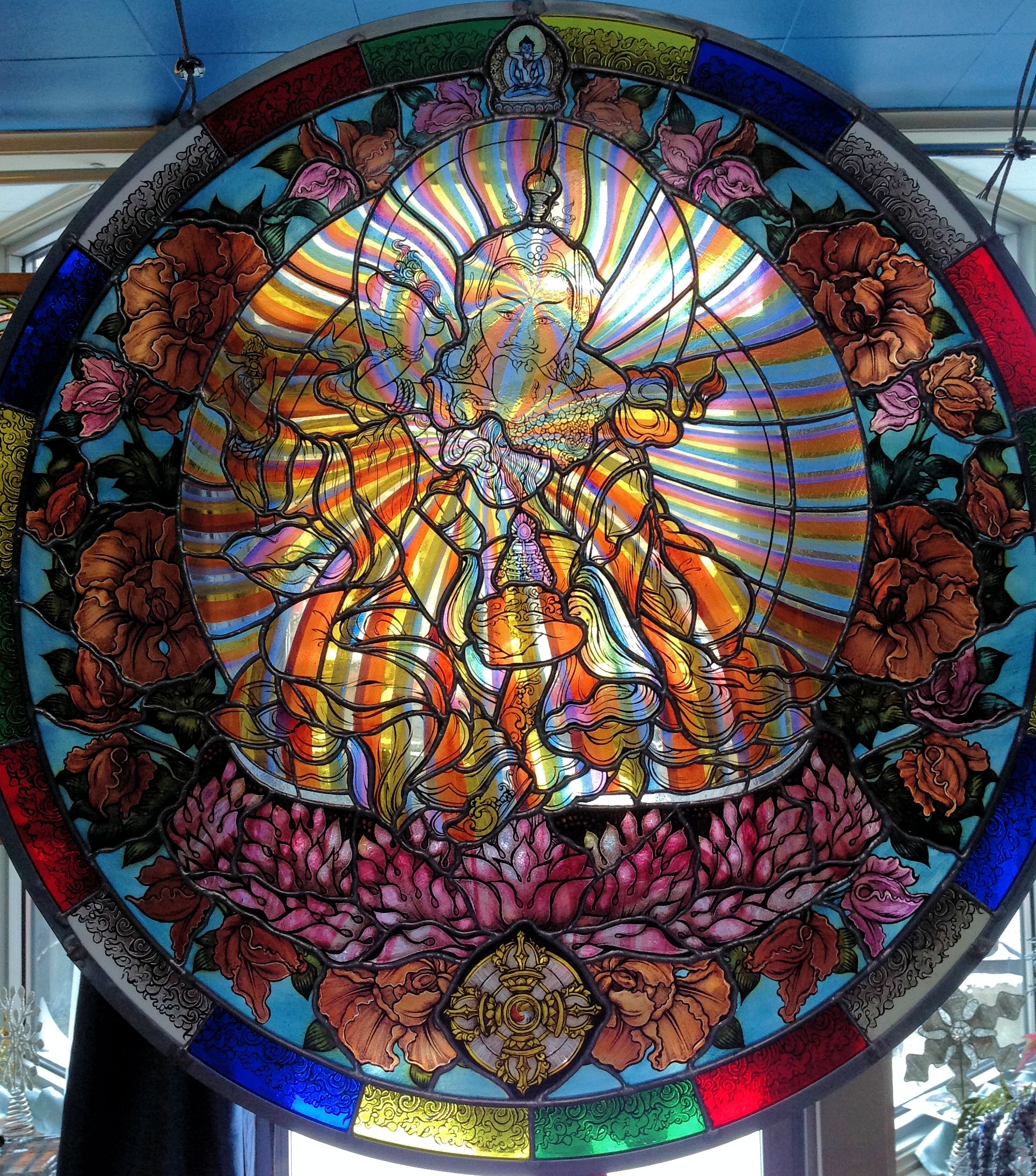 Custom Stained Glass Thangka: Himalayan Art: Peaceful YabYum 24" diameter: $ 2,000 USD