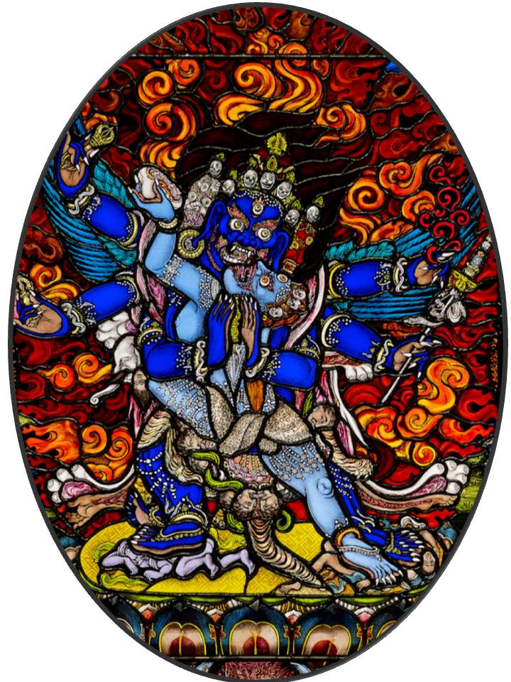 Custom Stained Glass Thangka: Himalayan Art: Wrathful YabYum 24" diameter: $ 2,000 USD