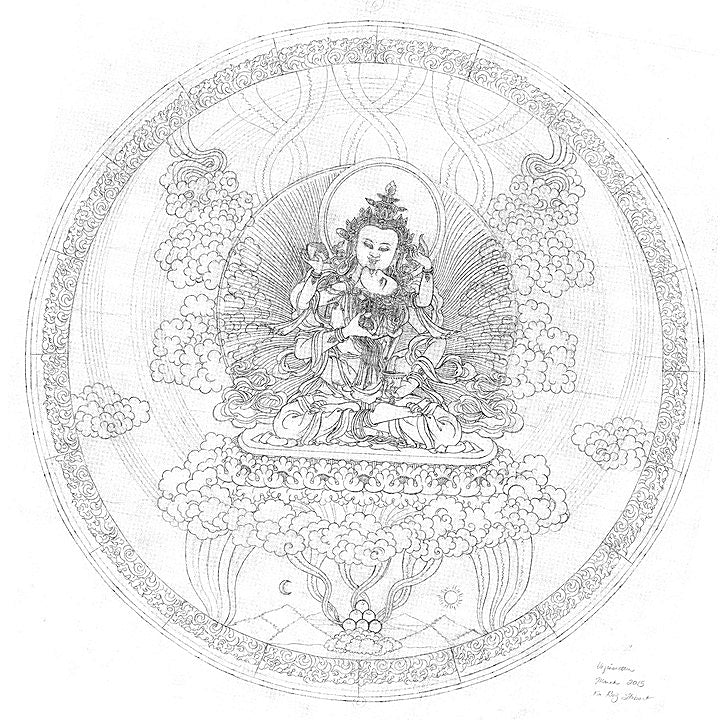 Custom Stained Glass Thangka: Himalayan Art: Peaceful YabYum 32" diameter: $ 3,375 USD